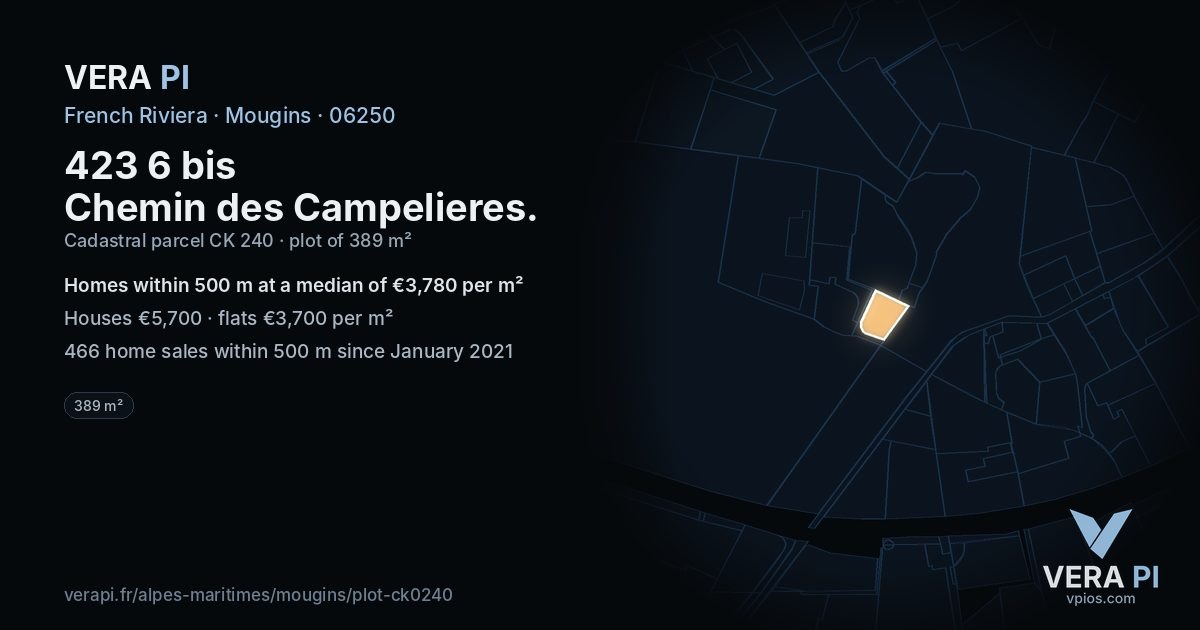 423 6 bis Chemin des Campelieres, Mougins at night – the plot lit, the parcels around coloured by the prices near them