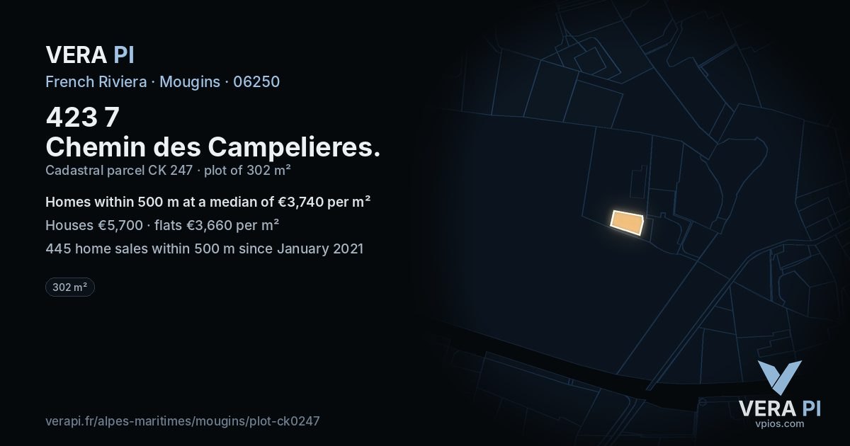 423 7 Chemin des Campelieres, Mougins at night – the plot lit, the parcels around coloured by the prices near them