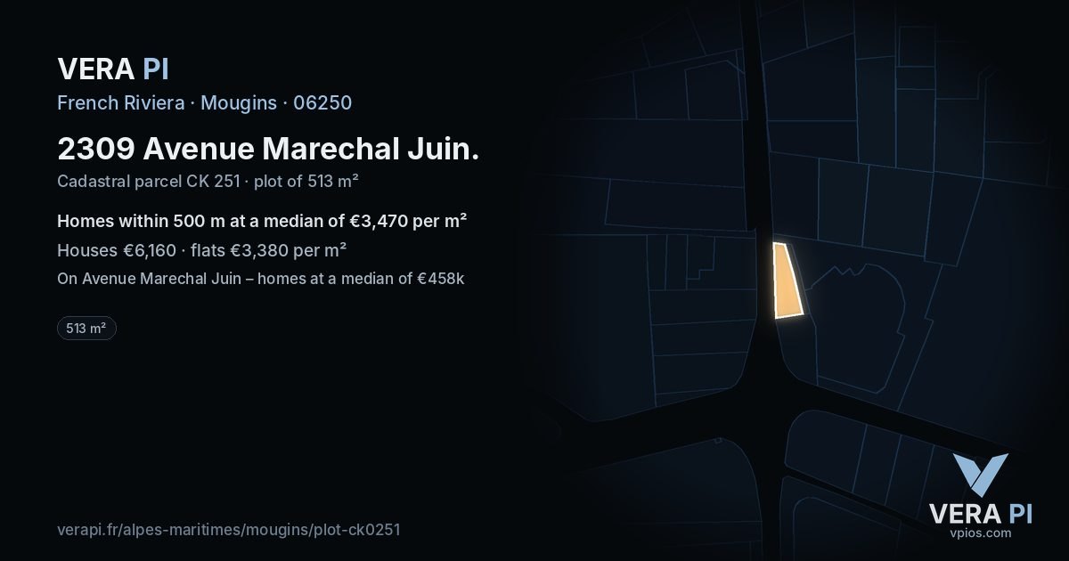 2309 Avenue Marechal Juin, Mougins at night – the plot lit, the parcels around coloured by the prices near them