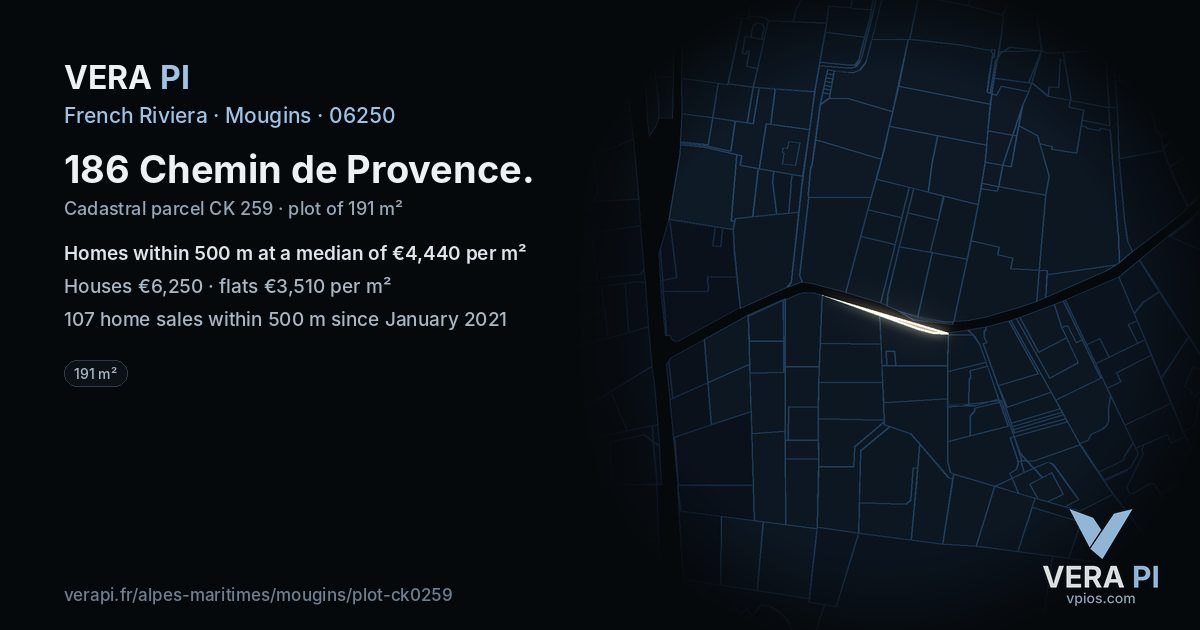 186 Chemin de Provence, Mougins at night – the plot lit, the parcels around coloured by the prices near them