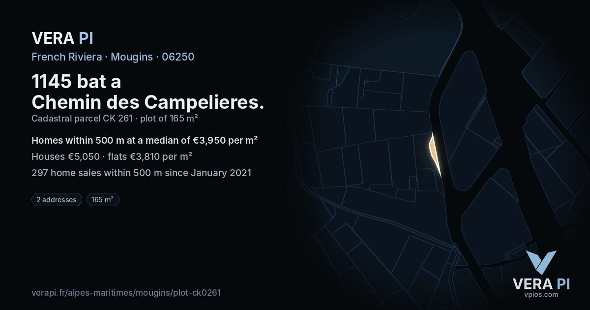 1145 bat a Chemin des Campelieres, Mougins at night – the plot lit, the parcels around coloured by the prices near them