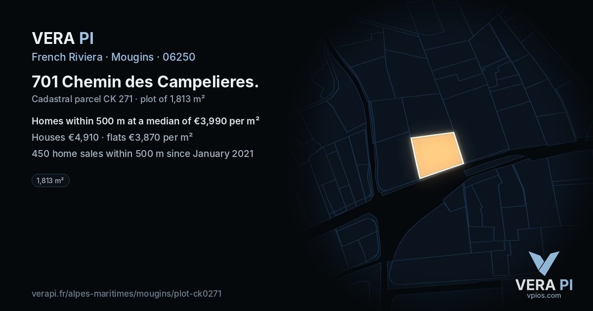 701 Chemin des Campelieres, Mougins at night – the plot lit, the parcels around coloured by the prices near them