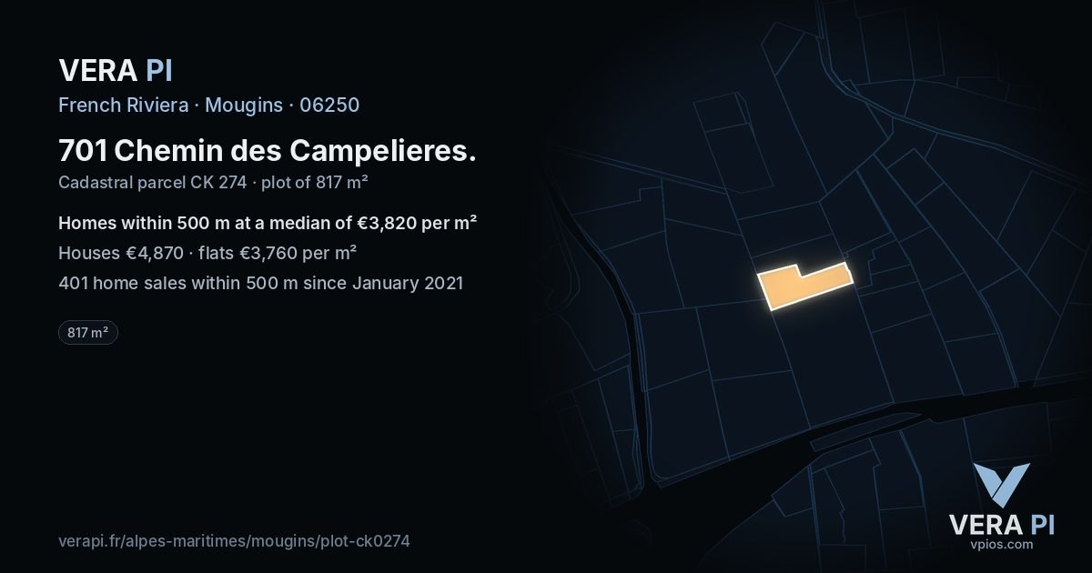 701 Chemin des Campelieres, Mougins at night – the plot lit, the parcels around coloured by the prices near them