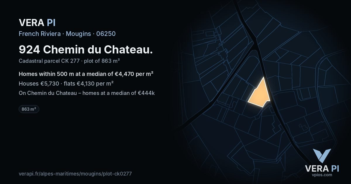 924 Chemin du Chateau, Mougins at night – the plot lit, the parcels around coloured by the prices near them
