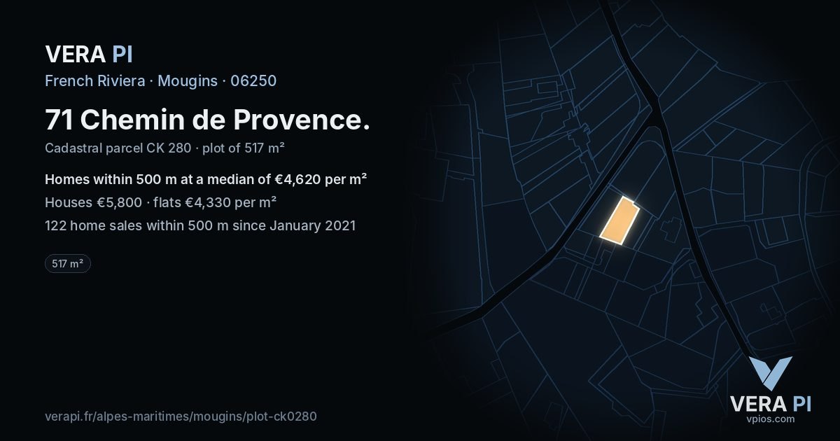 71 Chemin de Provence, Mougins at night – the plot lit, the parcels around coloured by the prices near them