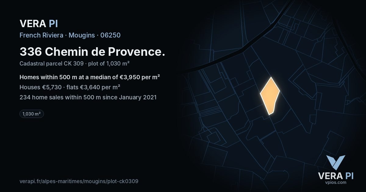 336 Chemin de Provence, Mougins at night – the plot lit, the parcels around coloured by the prices near them