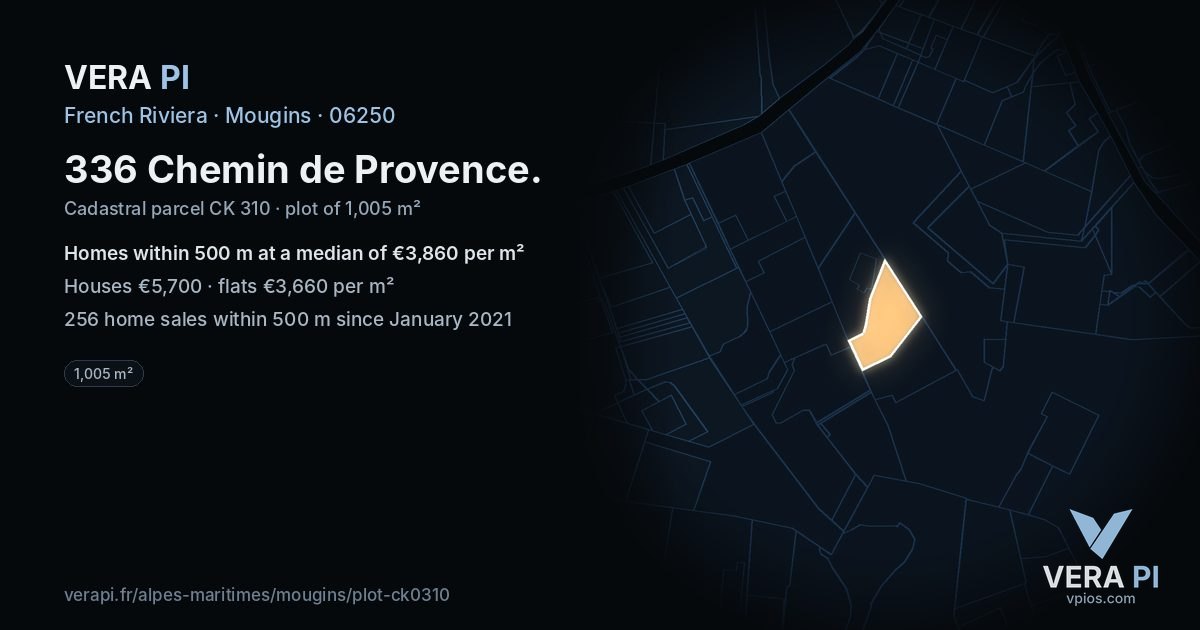 336 Chemin de Provence, Mougins at night – the plot lit, the parcels around coloured by the prices near them