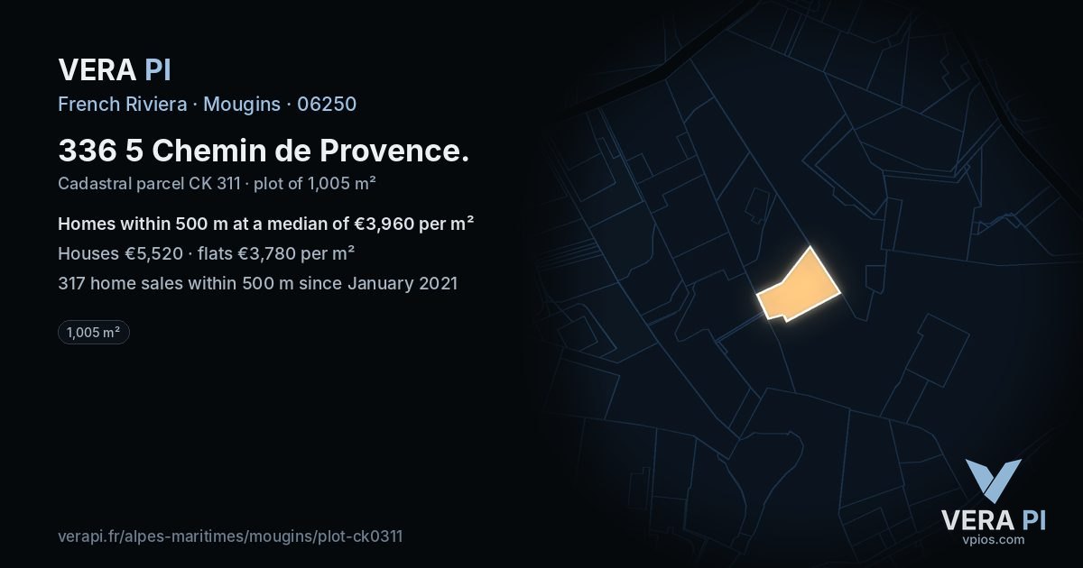 336 5 Chemin de Provence, Mougins at night – the plot lit, the parcels around coloured by the prices near them
