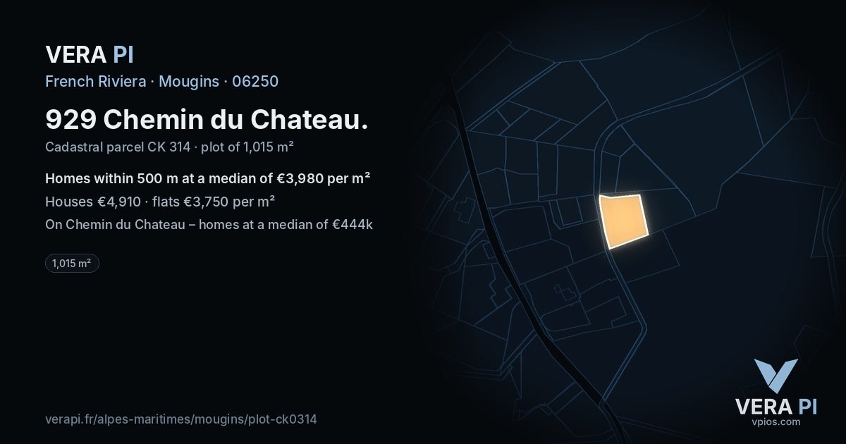 929 Chemin du Chateau, Mougins at night – the plot lit, the parcels around coloured by the prices near them