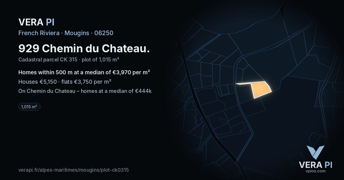 929 Chemin du Chateau, Mougins at night – the plot lit, the parcels around coloured by the prices near them