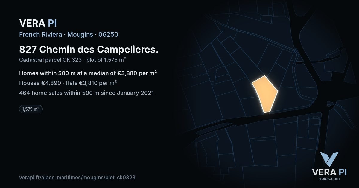827 Chemin des Campelieres, Mougins at night – the plot lit, the parcels around coloured by the prices near them
