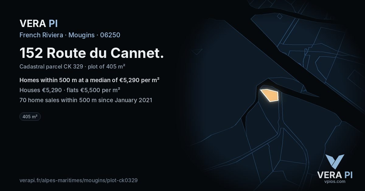 152 Route du Cannet, Mougins at night – the plot lit, the parcels around coloured by the prices near them