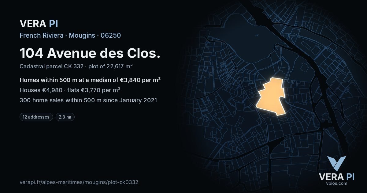104 Avenue des Clos, Mougins at night – the plot lit, the parcels around coloured by the prices near them