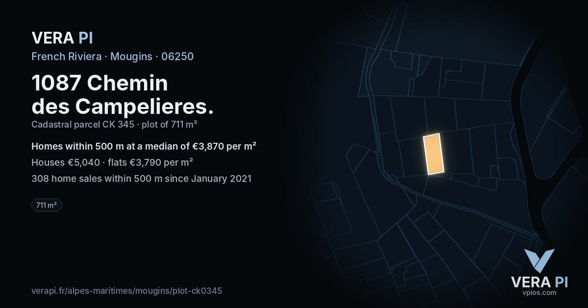 1087 Chemin des Campelieres, Mougins at night – the plot lit, the parcels around coloured by the prices near them