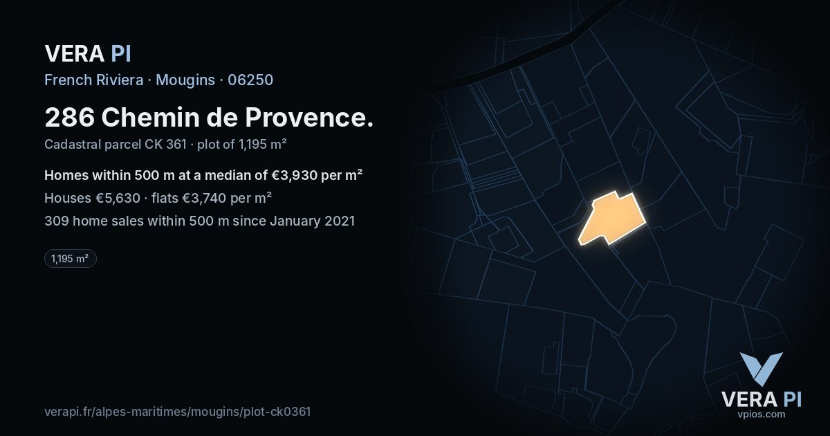 286 Chemin de Provence, Mougins at night – the plot lit, the parcels around coloured by the prices near them