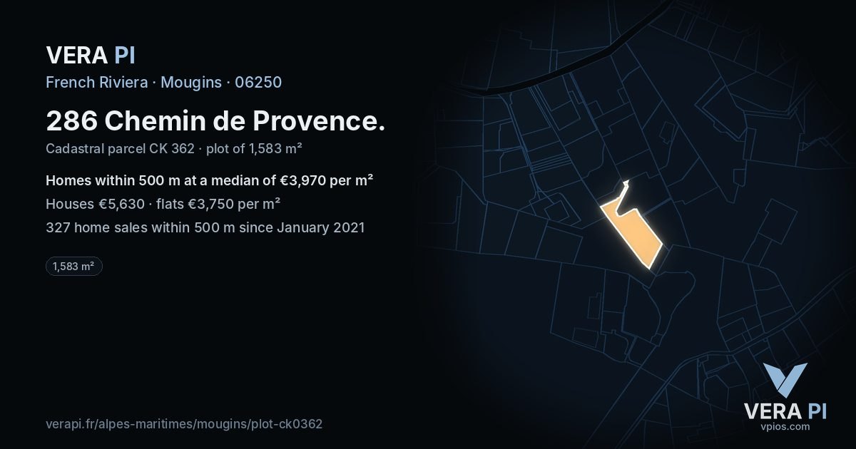 286 Chemin de Provence, Mougins at night – the plot lit, the parcels around coloured by the prices near them