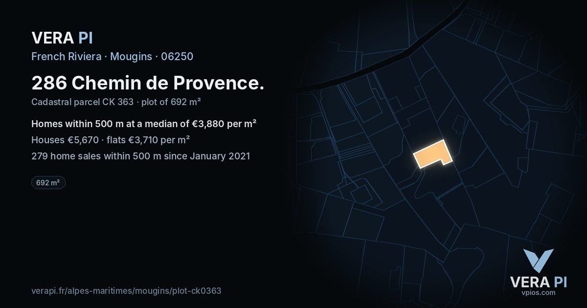 286 Chemin de Provence, Mougins at night – the plot lit, the parcels around coloured by the prices near them