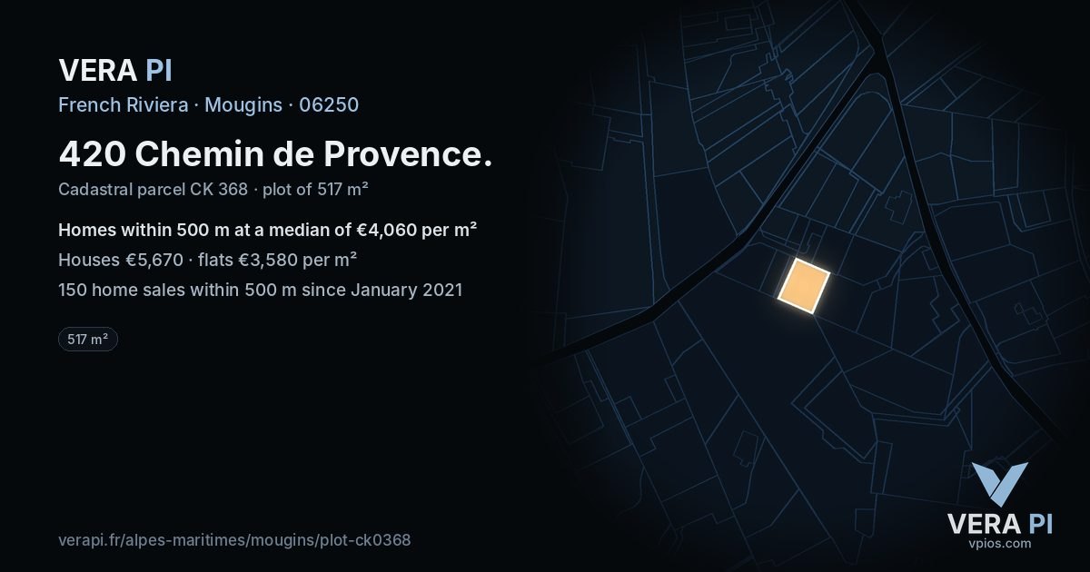 420 Chemin de Provence, Mougins at night – the plot lit, the parcels around coloured by the prices near them