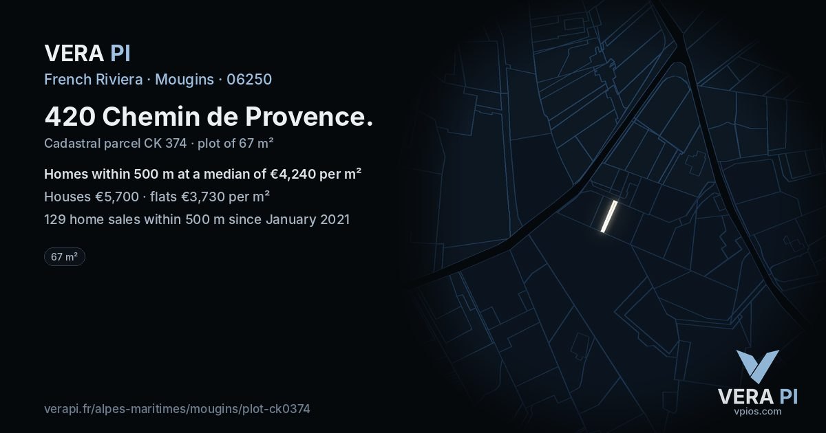 420 Chemin de Provence, Mougins at night – the plot lit, the parcels around coloured by the prices near them