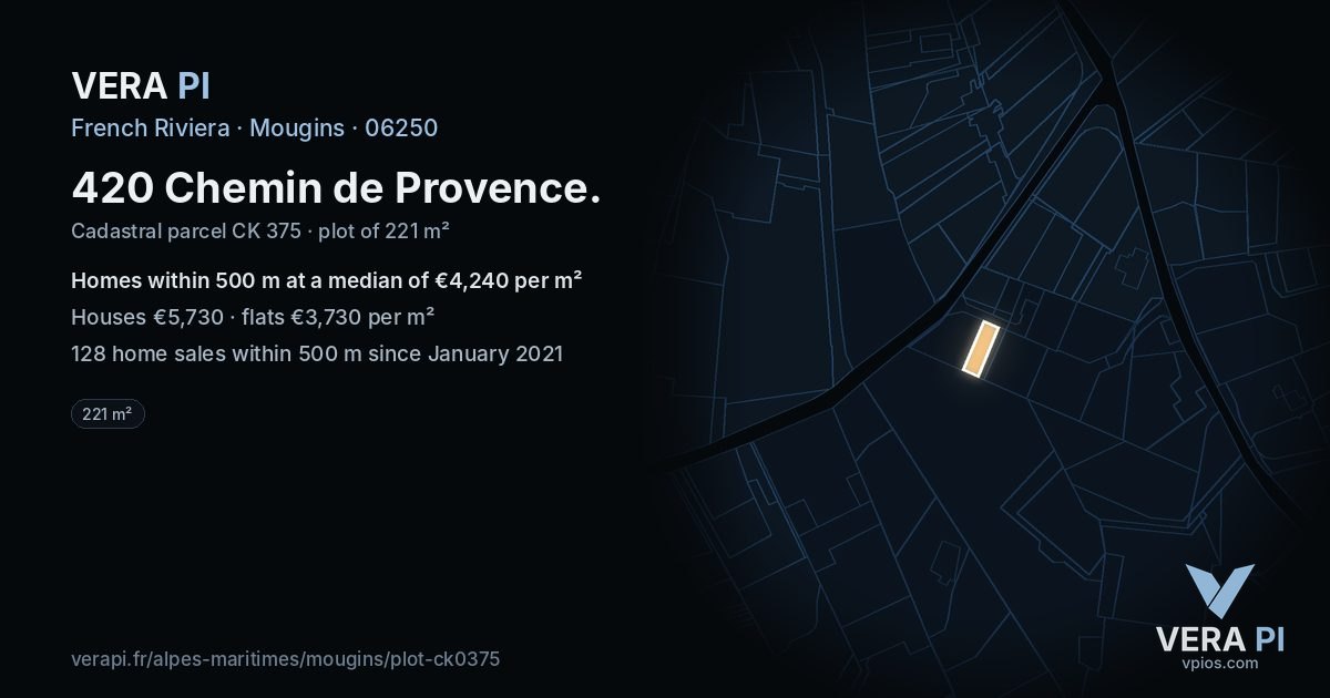 420 Chemin de Provence, Mougins at night – the plot lit, the parcels around coloured by the prices near them