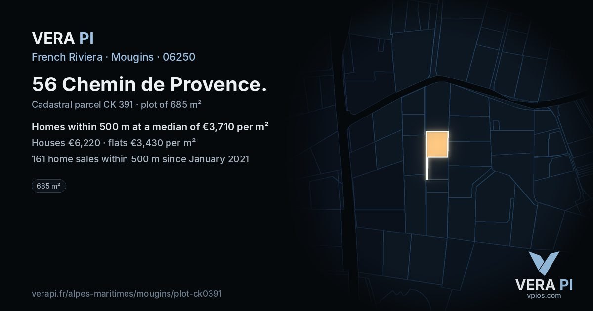 56 Chemin de Provence, Mougins at night – the plot lit, the parcels around coloured by the prices near them
