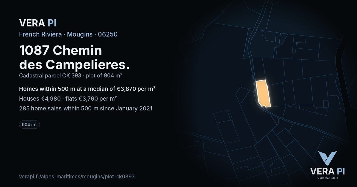 1087 Chemin des Campelieres, Mougins at night – the plot lit, the parcels around coloured by the prices near them