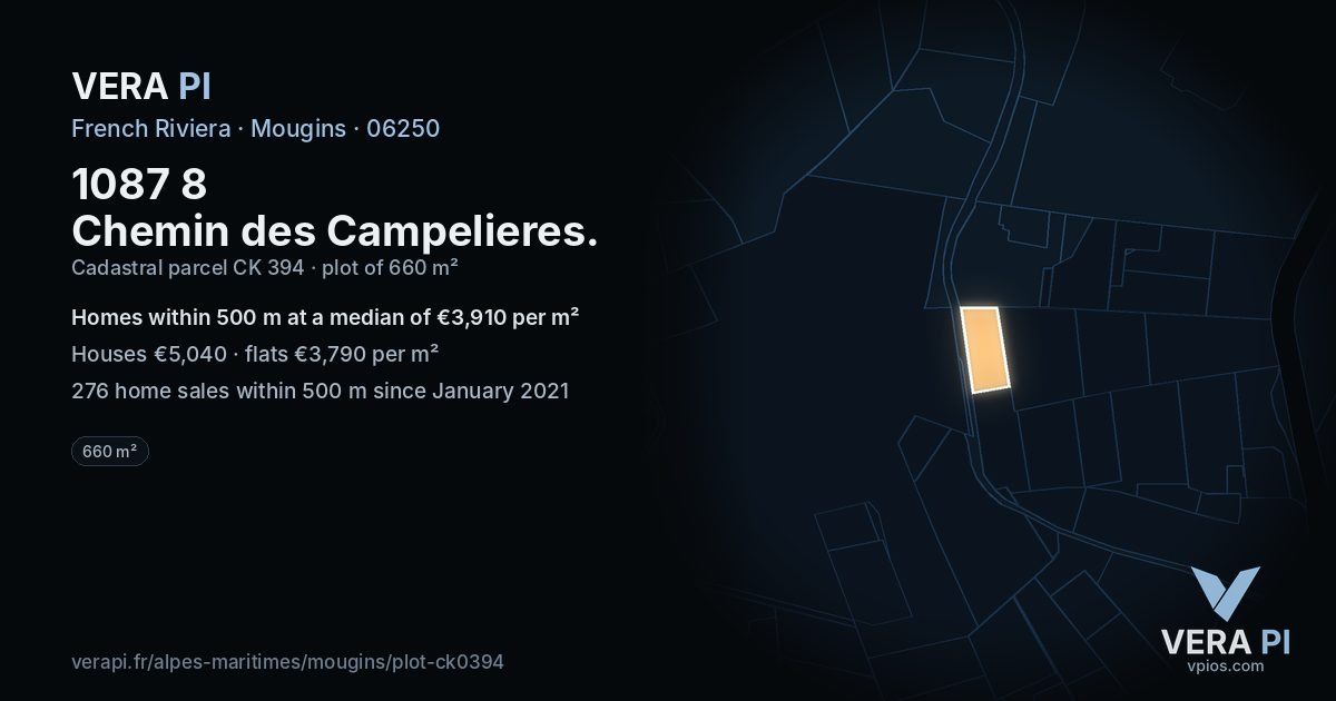 1087 8 Chemin des Campelieres, Mougins at night – the plot lit, the parcels around coloured by the prices near them