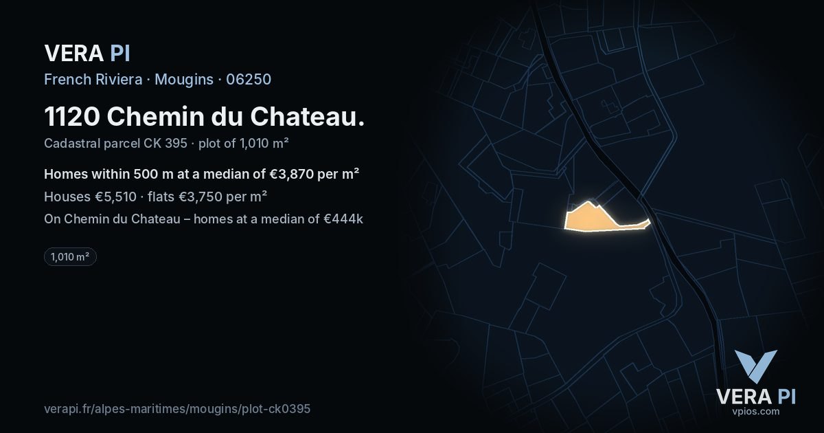 1120 Chemin du Chateau, Mougins at night – the plot lit, the parcels around coloured by the prices near them