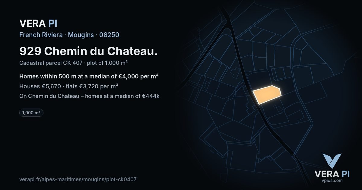 929 Chemin du Chateau, Mougins at night – the plot lit, the parcels around coloured by the prices near them