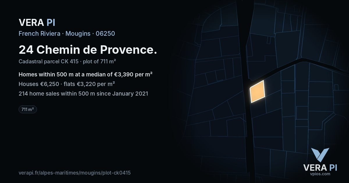 24 Chemin de Provence, Mougins at night – the plot lit, the parcels around coloured by the prices near them