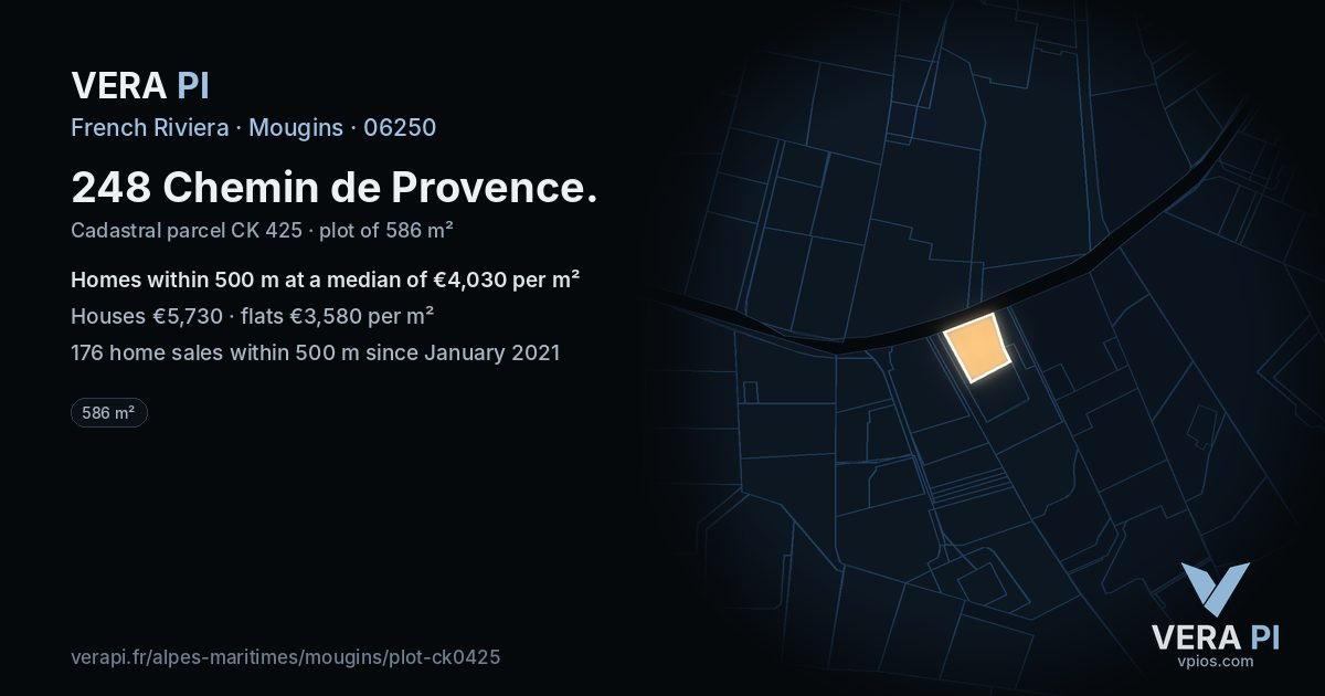 248 Chemin de Provence, Mougins at night – the plot lit, the parcels around coloured by the prices near them