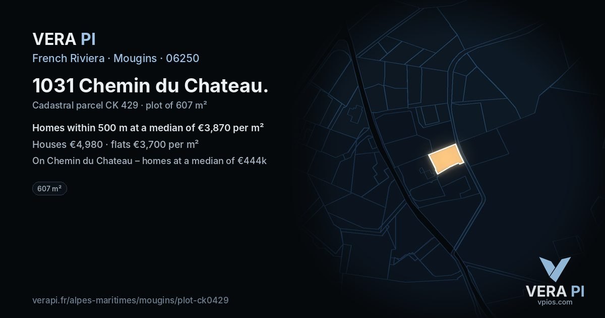 1031 Chemin du Chateau, Mougins at night – the plot lit, the parcels around coloured by the prices near them