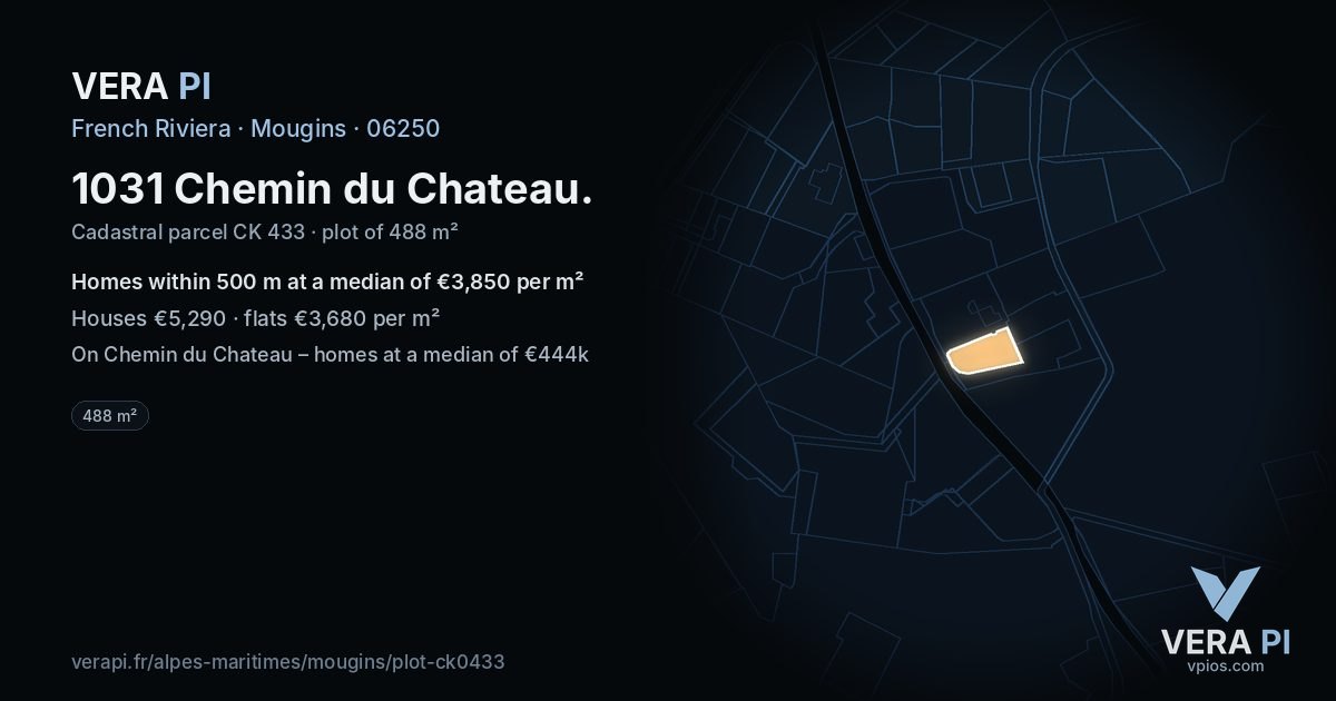 1031 Chemin du Chateau, Mougins at night – the plot lit, the parcels around coloured by the prices near them