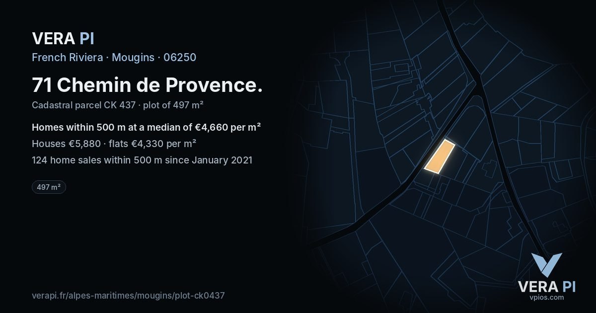 71 Chemin de Provence, Mougins at night – the plot lit, the parcels around coloured by the prices near them