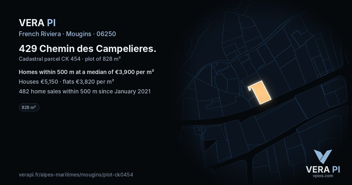 429 Chemin des Campelieres, Mougins at night – the plot lit, the parcels around coloured by the prices near them