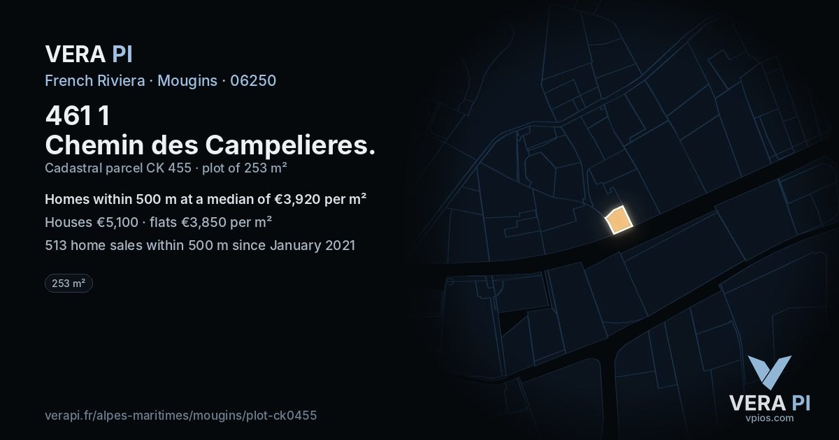 461 1 Chemin des Campelieres, Mougins at night – the plot lit, the parcels around coloured by the prices near them