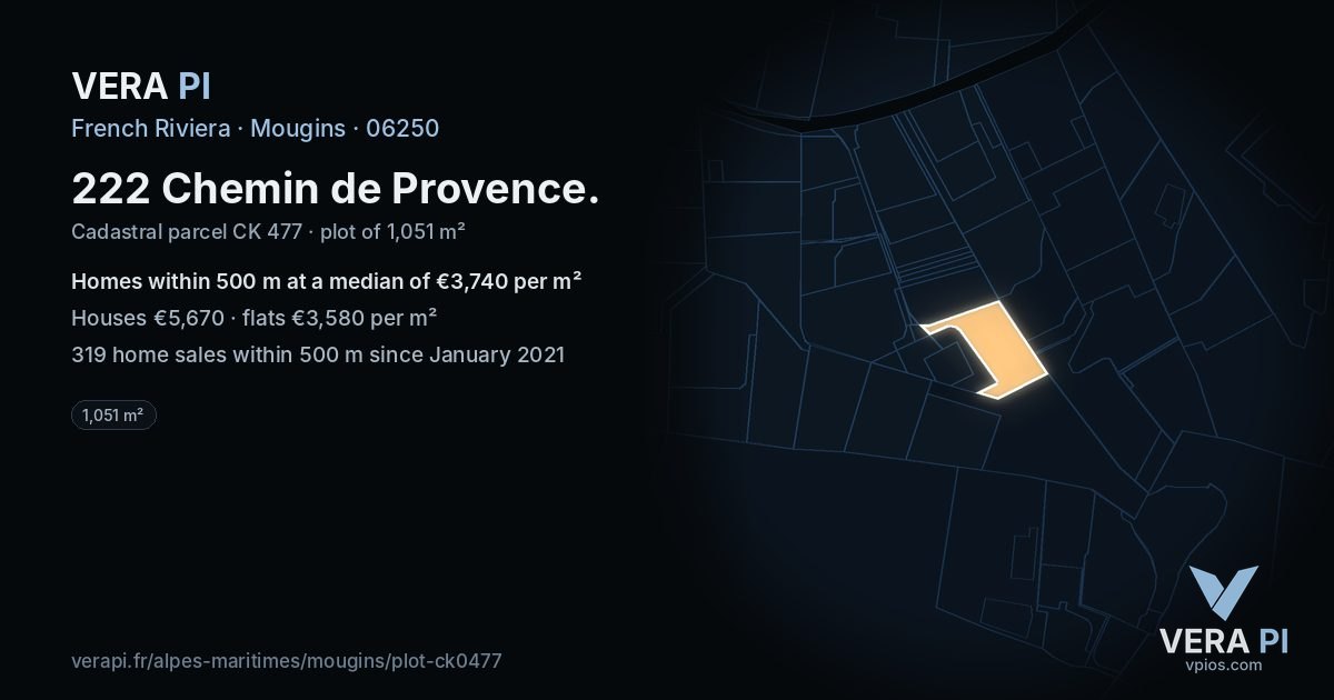222 Chemin de Provence, Mougins at night – the plot lit, the parcels around coloured by the prices near them