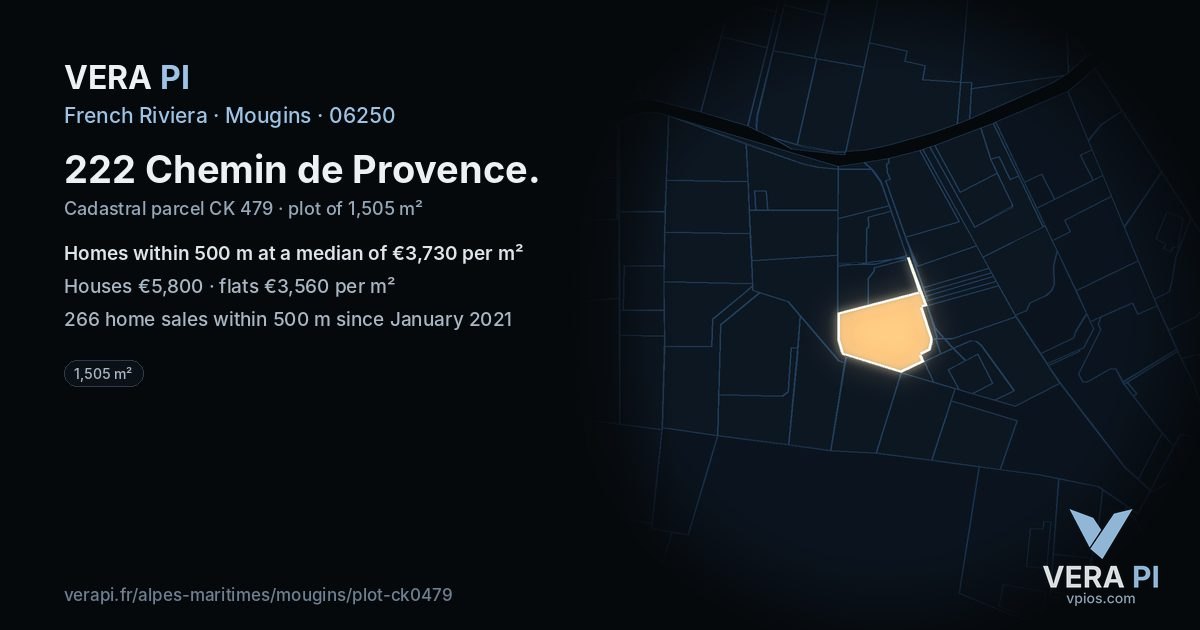 222 Chemin de Provence, Mougins at night – the plot lit, the parcels around coloured by the prices near them