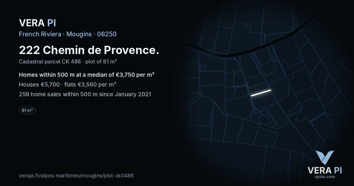 222 Chemin de Provence, Mougins at night – the plot lit, the parcels around coloured by the prices near them