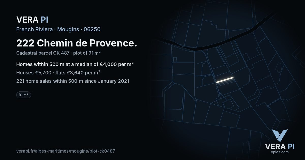222 Chemin de Provence, Mougins at night – the plot lit, the parcels around coloured by the prices near them