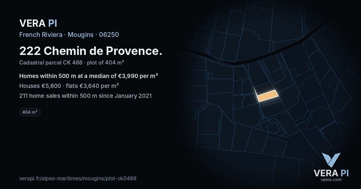 222 Chemin de Provence, Mougins at night – the plot lit, the parcels around coloured by the prices near them