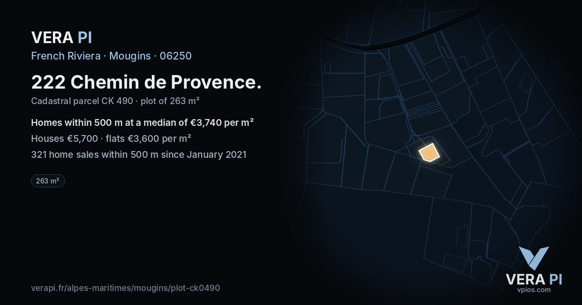 222 Chemin de Provence, Mougins at night – the plot lit, the parcels around coloured by the prices near them