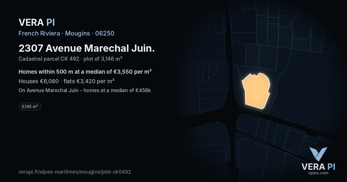 2307 Avenue Marechal Juin, Mougins at night – the plot lit, the parcels around coloured by the prices near them