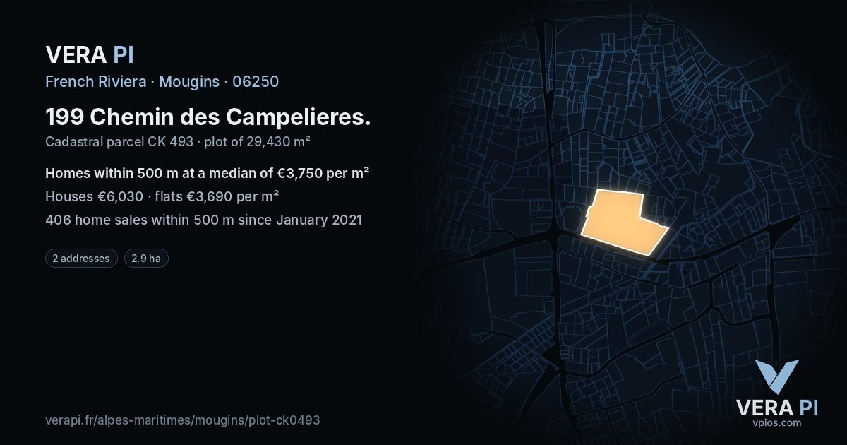 199 Chemin des Campelieres, Mougins at night – the plot lit, the parcels around coloured by the prices near them
