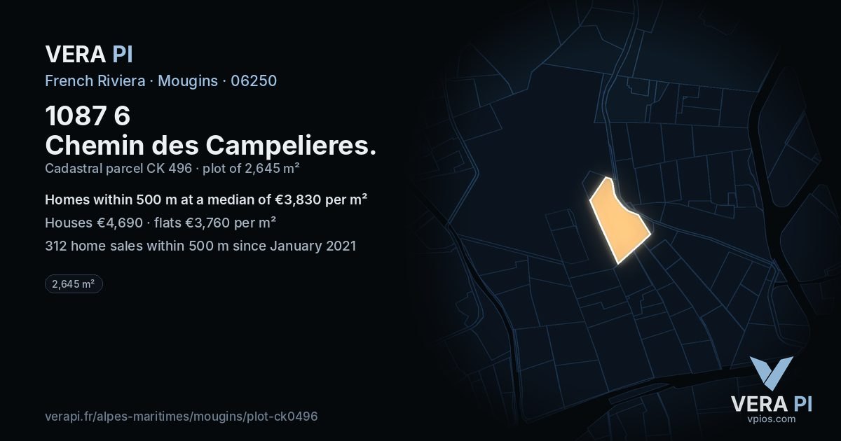 1087 6 Chemin des Campelieres, Mougins at night – the plot lit, the parcels around coloured by the prices near them