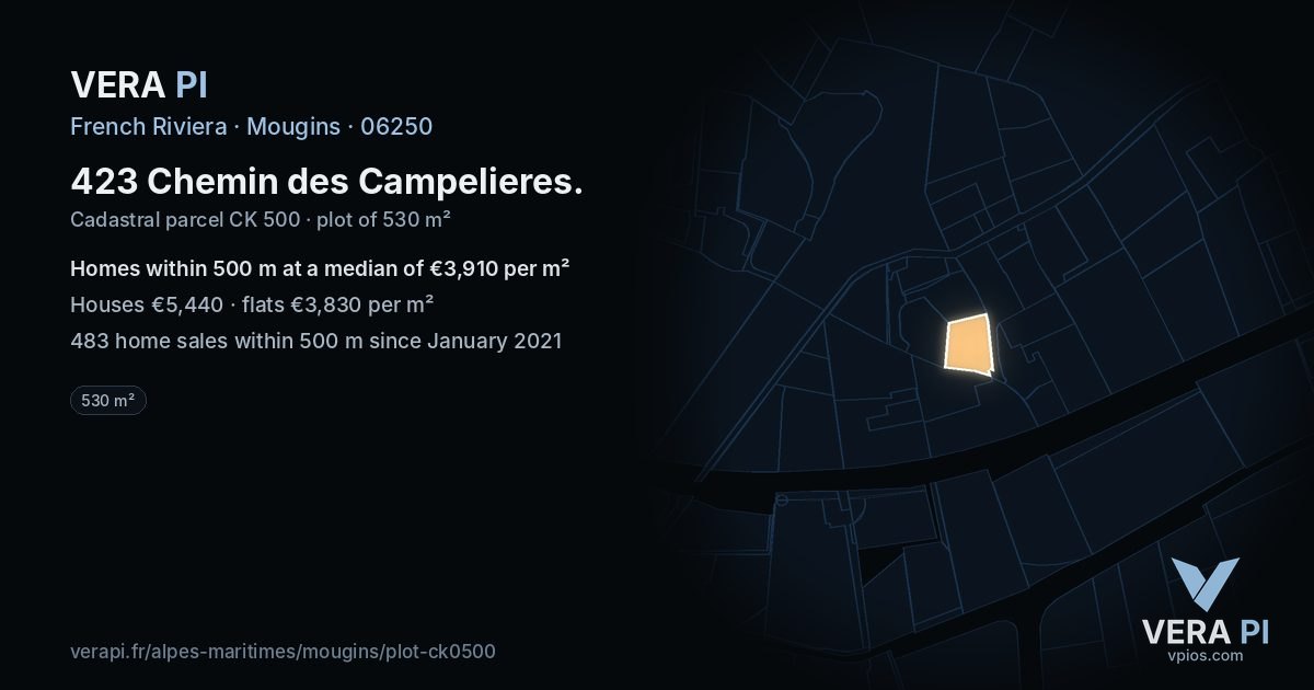 423 Chemin des Campelieres, Mougins at night – the plot lit, the parcels around coloured by the prices near them