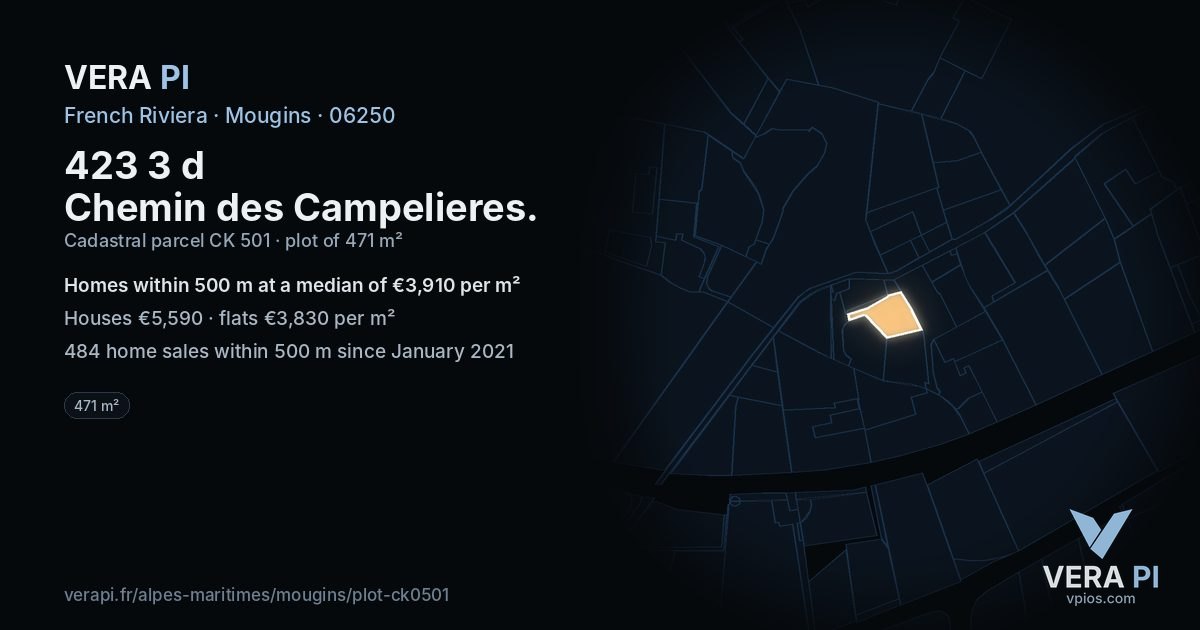 423 3 d Chemin des Campelieres, Mougins at night – the plot lit, the parcels around coloured by the prices near them