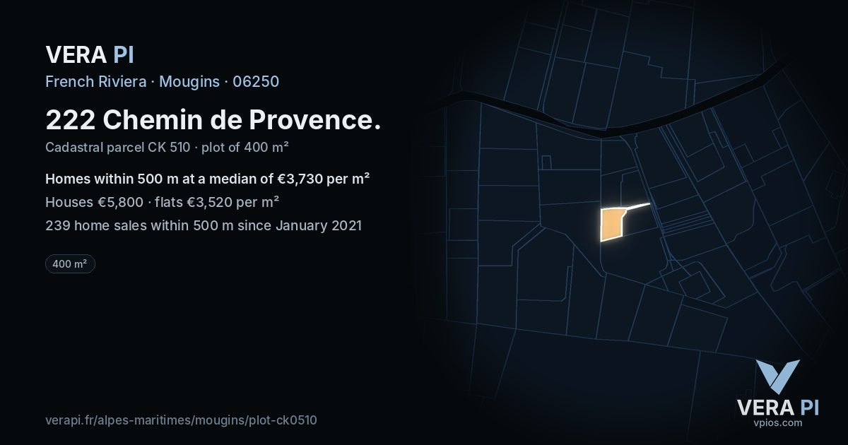 222 Chemin de Provence, Mougins at night – the plot lit, the parcels around coloured by the prices near them