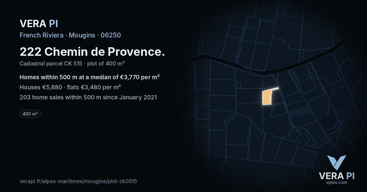 222 Chemin de Provence, Mougins at night – the plot lit, the parcels around coloured by the prices near them