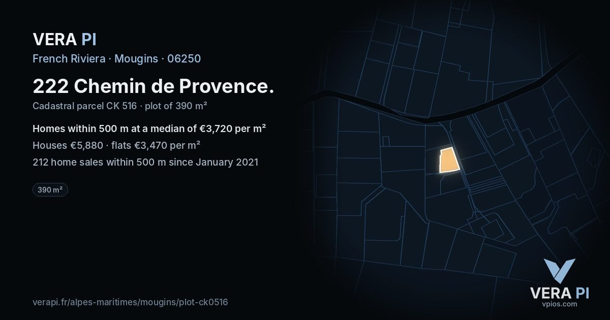 222 Chemin de Provence, Mougins at night – the plot lit, the parcels around coloured by the prices near them